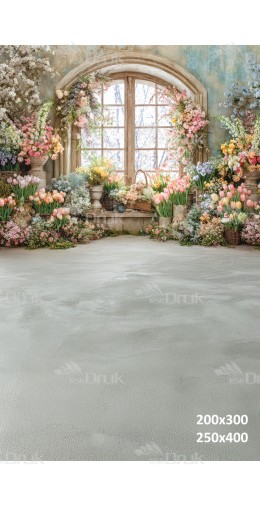 Tło fotograficzne „Wiosenne okno wśród tulipanów i pastelowych kwiatów” | E662